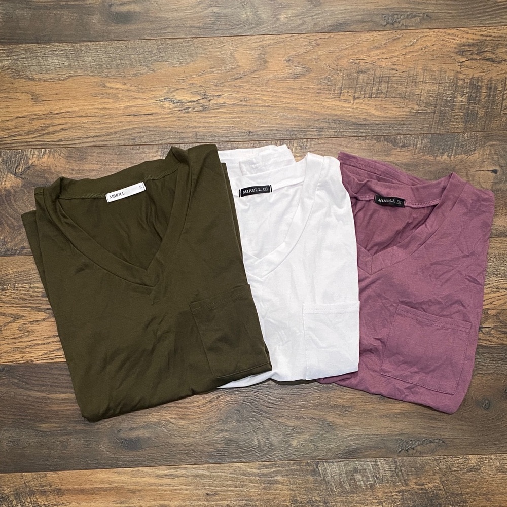 Set of Three V-Neck T-Shirts - Olive, White, and Mauve